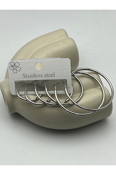 BİJU YILMAZ 26Clk86 Silver Classic Hoop Steel Earring Set