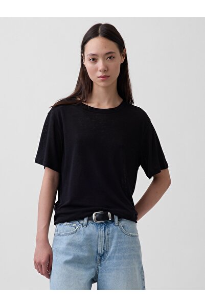 GAP Kadın Siyah Keten Karışımlı Relaxed T-Shirt