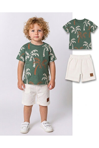 KİDSPİTİRCİK Boys' Green and White Shorts Suit 100% Cotton