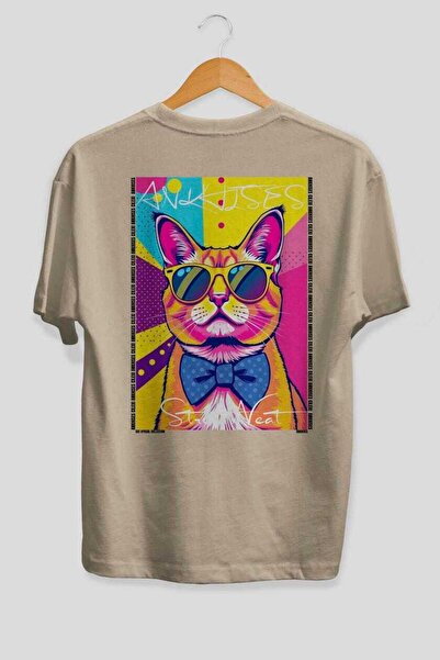 Ankhises 123 Cats for the Sake of Cats Printed Beige Oversize T-Shirt 100% Co...