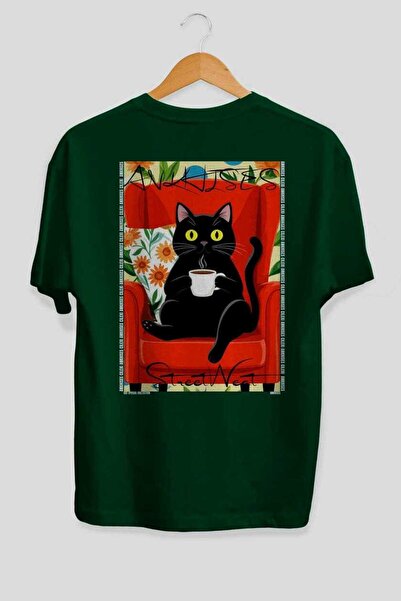 Ankhises For the Love of Cats 24 Cats Printed Green Oversize T-Shirt 100% Cot...