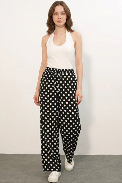 Efnaz style Women's Lace-Up Waist Polka Dot Wide-Leg Black Palazzo Trousers