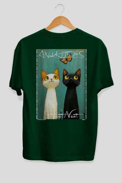 Ankhises For the Love of Cats 79 Cats Printed Green Oversize T-Shirt 100% Cot...