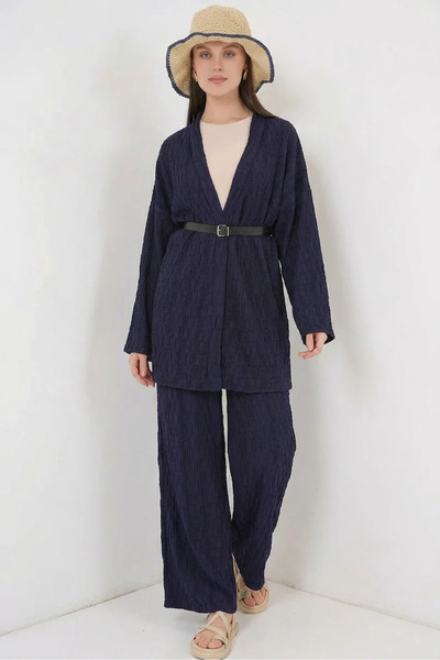 buğrahayalin Women's V-Neck Belted Navy Blue Two-Piece Set