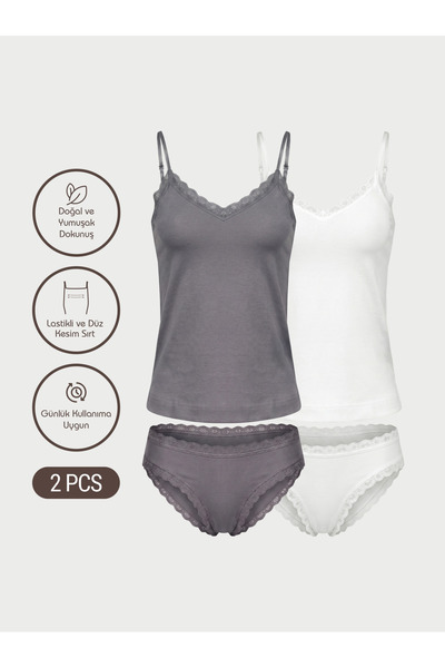 AUW Adjustable Strap Lace V-Neck Women's Tank Top and Slip Panties Set - Lace...