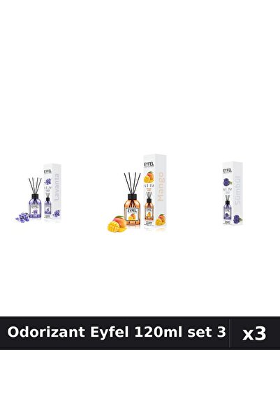 Eyfel Set 3 Odorizant Camera cu Betisoare 120ml - Lavanda, Mango, Zambile