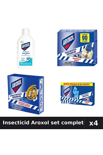Aroxol Set 4 Insecticid - Loțiune 200ml, Aparat 45 nopți, Spirale 10+60 buc