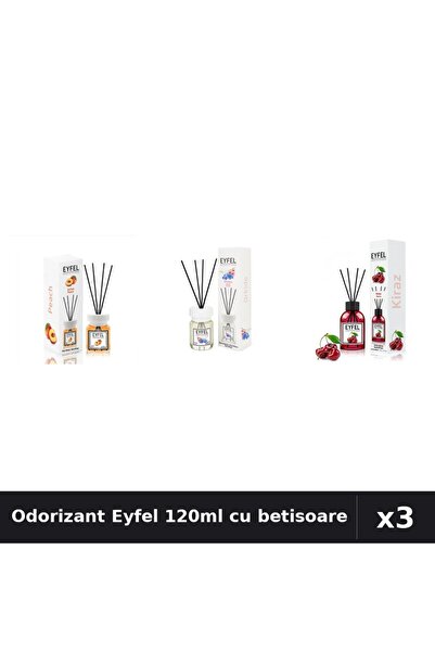 Eyfel Set 3 Odorizant Camera cu Betisoare 120ml - Piersica, Orhidee, Cireșe