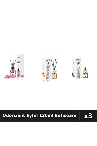 Eyfel Set 3 Odorizant Camera Betisoare - Trandafir, Piersica, Lacramioare 120ml