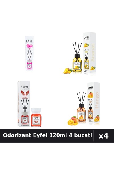 Eyfel Set 4 Odorizant Camera Betisoare 120ml - Bubble Gum, Ananas, Mango, Red...