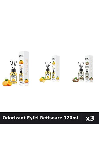 Eyfel Set 3 Odorizant Cameră cu Bețișoare 120ml - Portocală, Lămâie, Nucă Cocos