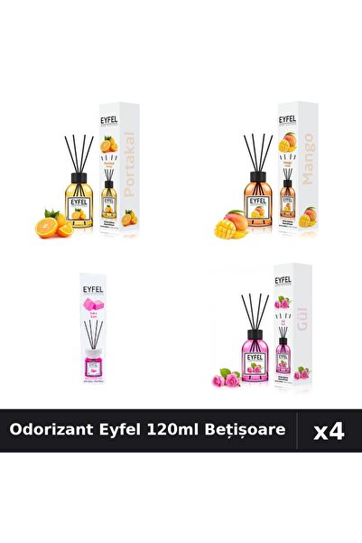 Eyfel Set 4 Odorizant Cameră Bețișoare 120ml - Portocală, Mango, Trandafir, B...