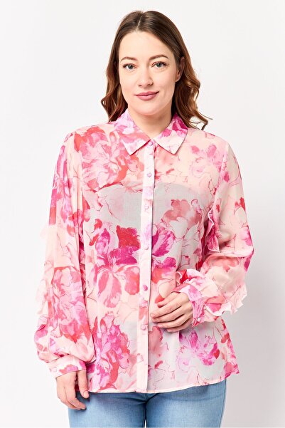 Kathy Ireland Women Spread Collar Long Sleeve Floral Print Shirt, Multicolor