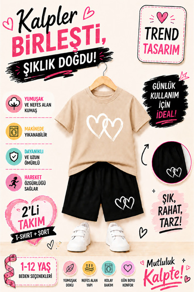 OVERMAX Double Heart Printed Children's Set – T-Shirt & Shorts 2-Piece Combin...