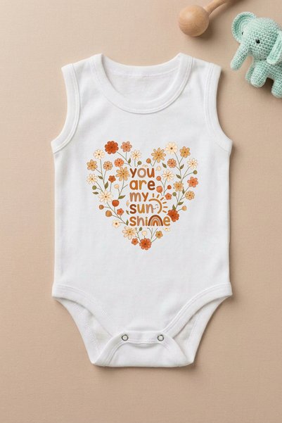 bebeqon Heart-Shaped "You Are My Sunshine" Printed Sleeveless Baby Bodysuit with Snap Fasteners White 100% Cotton 1 Piece