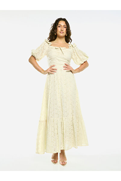 House of Moda By Styli Schiffli Puff Sleeves A-Line Maxi Dress