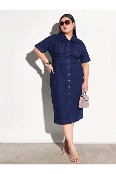 Sassafras By Styli Plus Size Front Button Denim Shirt Midi Dress