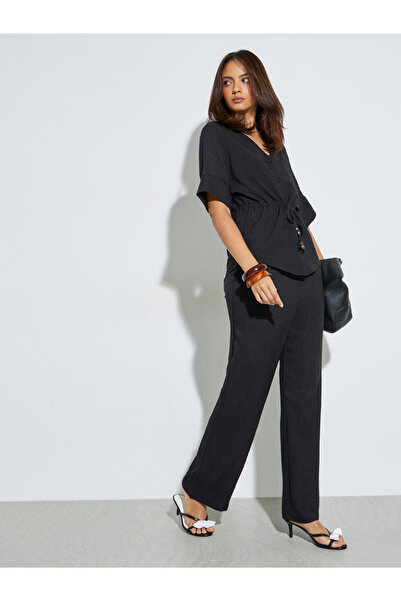 Styli Black Beaded Drawstring Open Collar Top and Pants Set