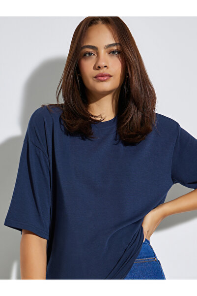 Styli Dark Blue Asymmetric Hem Oversized T-Shirt