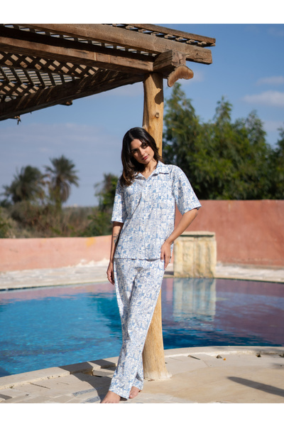 Sanskrutihomes By Styli Blue All Over Print Shirt and Pyjama Set