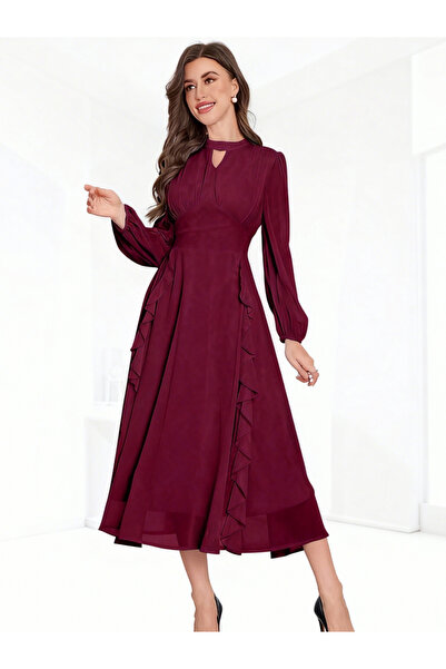 Take Two By Styli Burgundy Keyhole Neck Ruffled Midi Dress