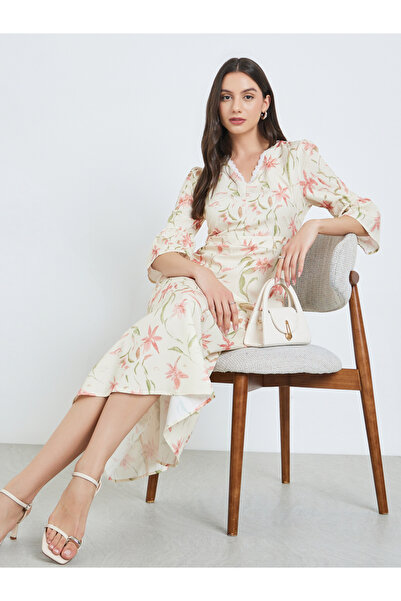 Take Two By Styli Beige Floral Print Midi Dress with 3/4 Sleeves