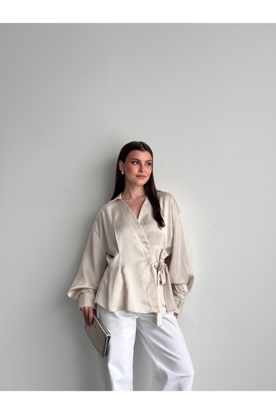 Fashionbox Kadın Saten Kruvaze Bağlamalı Toka detaylı Bluz 261006