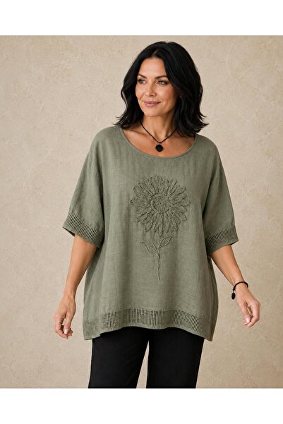 AGORATEKSTİL Women's Sunflower Embossed Short Sleeve Linen Blouse with Mesh D...