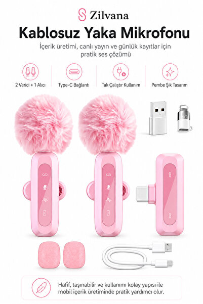 Zilvana Pembe Kablosuz Yaka Mikrofonu 2.4G Type-C / Lightning Uyumlu Gürültü ...