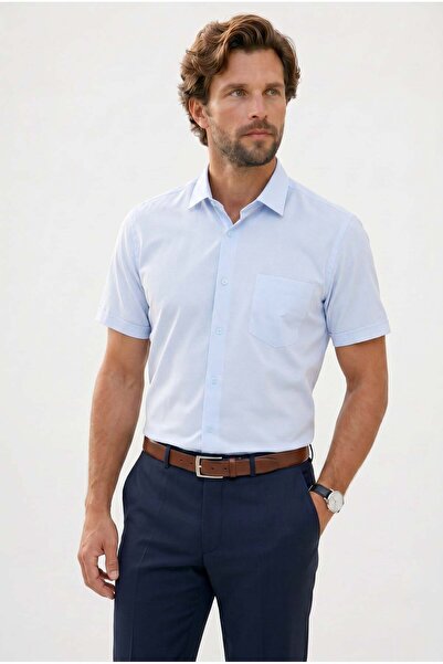 Tudors Men's Regular Fit Classic Cut Cotton Short Sleeve Dobby Blue Shirt