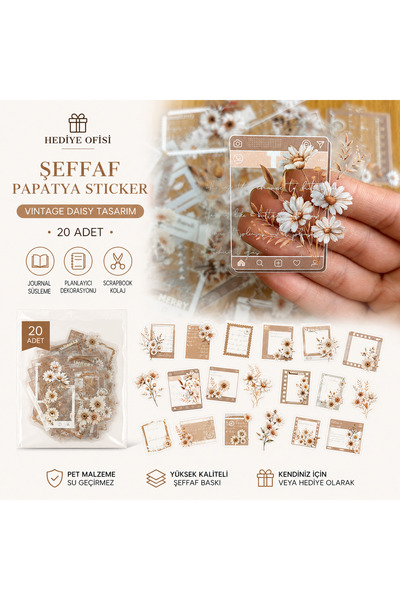 hediyeofisi Hediye Ofisi Vintage Papatya Temalı Şeffaf PET Sticker Seti | Jun...