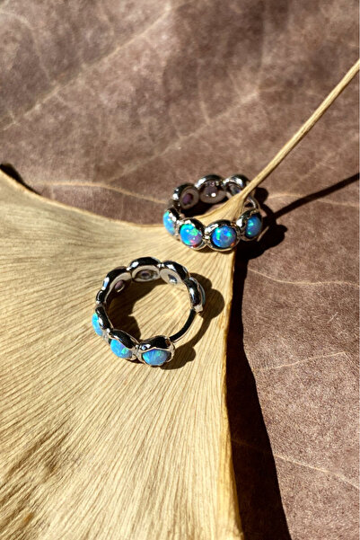 Spossy Silver Jewelry 925 Ayar Gümüş, Silver, Mavi Opal Taşlı Minimal Halka Küpe