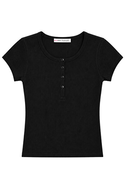 Mixray 2121 Kadın %100 Pamuk Kaşkorse Düğme Detaylı T-Shirt Siyah