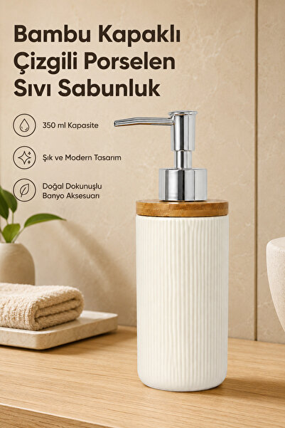 Vienev Prugasti porcelanski dozator za tečni sapun sa bambusovim poklopcem 35...