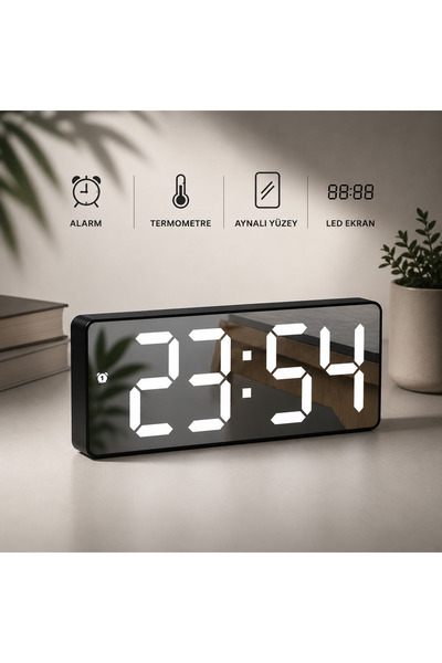VELKAR Aynalı LED Dijital Masa Saati Alarm Takvim Sıcaklık Göstergeli