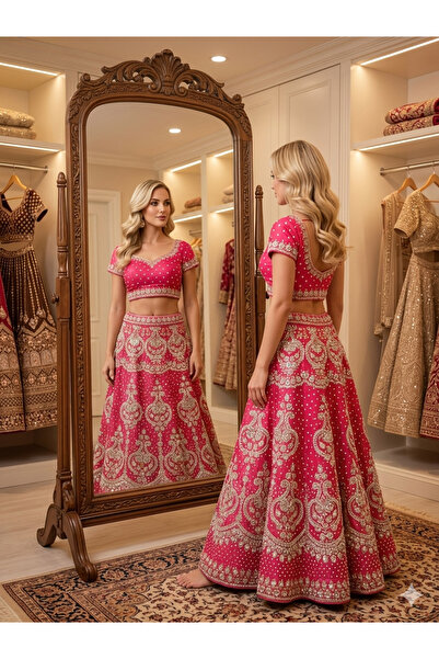 Aashiv's Collection Wedding Dress Indian Lehenga Choli Set Red Embroidered