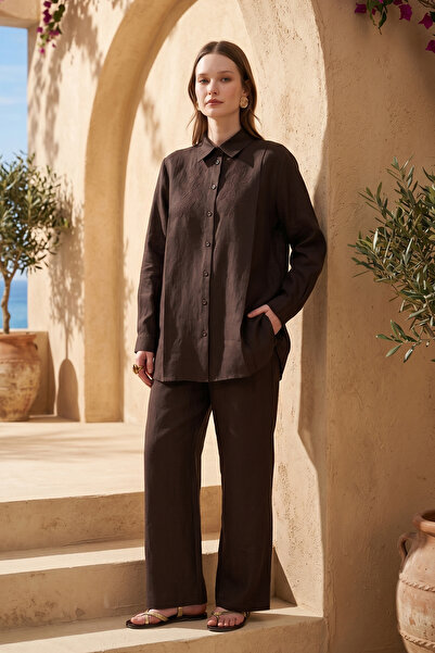 Nuss Embroidered Linen Suit with Trousers 1073 Brown