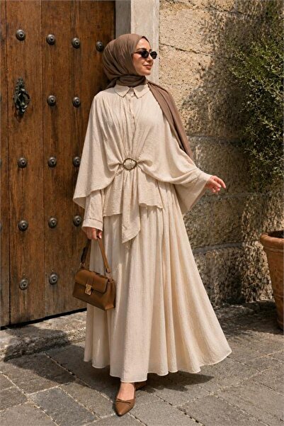 Neşeli Butik Women's Beige Cape with Detailed Waist Buckle, Two-Piece New Sea...