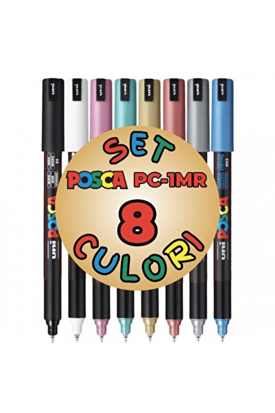 POSCA Set 8 culori metalizate markere UNI PC-1MR, varf fin metalic, 0.7mm