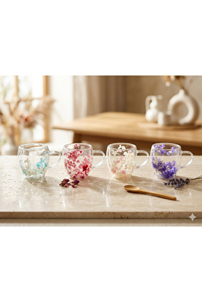 İnterlife Double Walled Floral Mug Borosilicate 250 ml Gift with Special Box