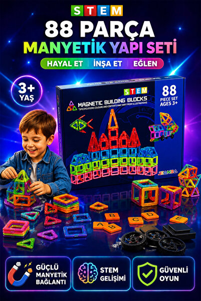 indirimsevinci 88 Parça Manyetik Blok Seti STEM Eğitici Oyuncak Manyetik Yapı...