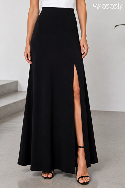 mezozoik Santorini Black Slit Detailed Maxi Midi Skirt