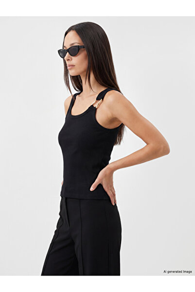 LC Waikiki Lcw Everyday Black U-Neck Women's Tank Top with Metal Appliqué