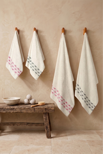 My Catherine Set of 4 Embroidered Towels with Borders |   2 Pieces of 70X140 ...