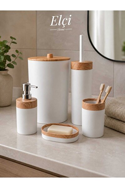 elciavmm Bambu Detaylı 5 Parça Banyo Seti - Beyaz 5'li Banyo Seti - Elçi Home