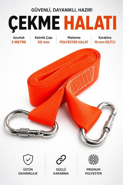 NZB Turuncu 3 Metre Çift Kilitli Karabinalı Dayanıklı Çekme Halatı 5 CM En (1...
