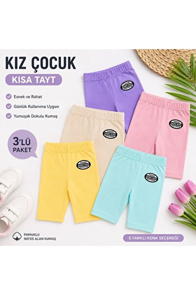 QULAT Kız Çocuk Kısa Tayt 3’lü Paket Pamuklu Esnek Bisiklet Tayt Yazlık Rahat...