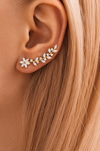The Collection Women's Zircon Waterway Flower and Leaf Model Ear Climber Gold...
