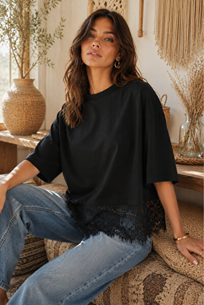 WOMAN VISION Woman Black Short Sleeved Crew Neck Lace Detailed Crop Oversized...