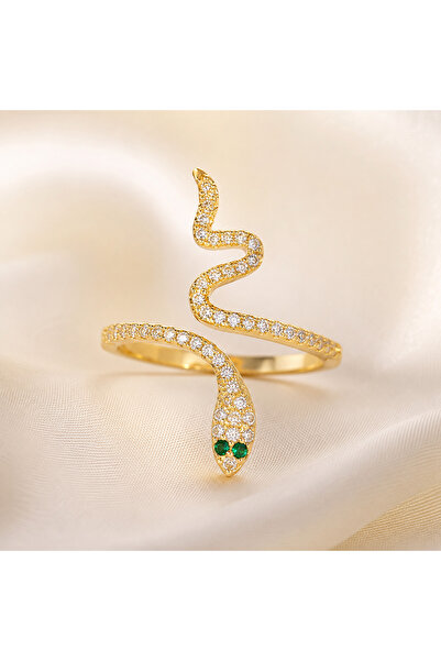 OEM Adjustable Silver Snake Ring with Zircons and Green Eyes, Universal Size,...